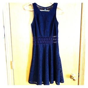 Navy Blue Sheer Embroidered Semi-Formal Dress